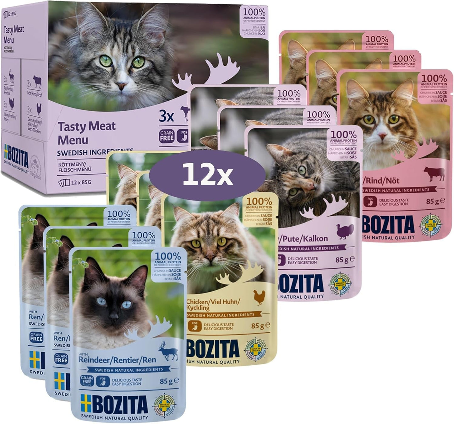 Bozita Mokré krmivo pro kočky v masové omáčce - 12 sáčků x 85 g Mokré krmivo pro kočky bez obilovin a pšenice - Mokré krmivo pro dospělé kočky s 8,5 % bílkovin a 4,5 % tuku