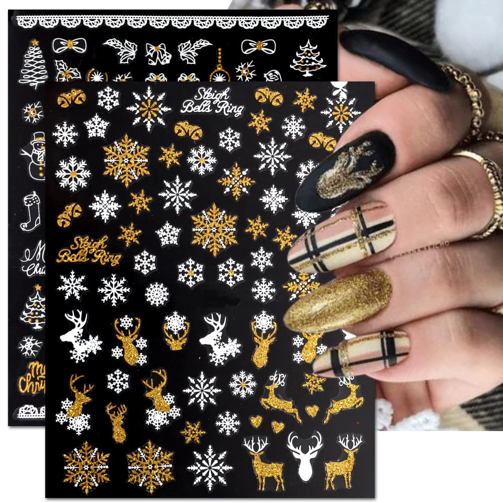 JMEOWIO Nagelsticker Weihnachten 9 Blatt Nail Art Sticker Selbtklebend Nagelaufkleber Schneeflocke Schneemann Festival Weißes Zlatá dekorace Nageldesign Zubehör
