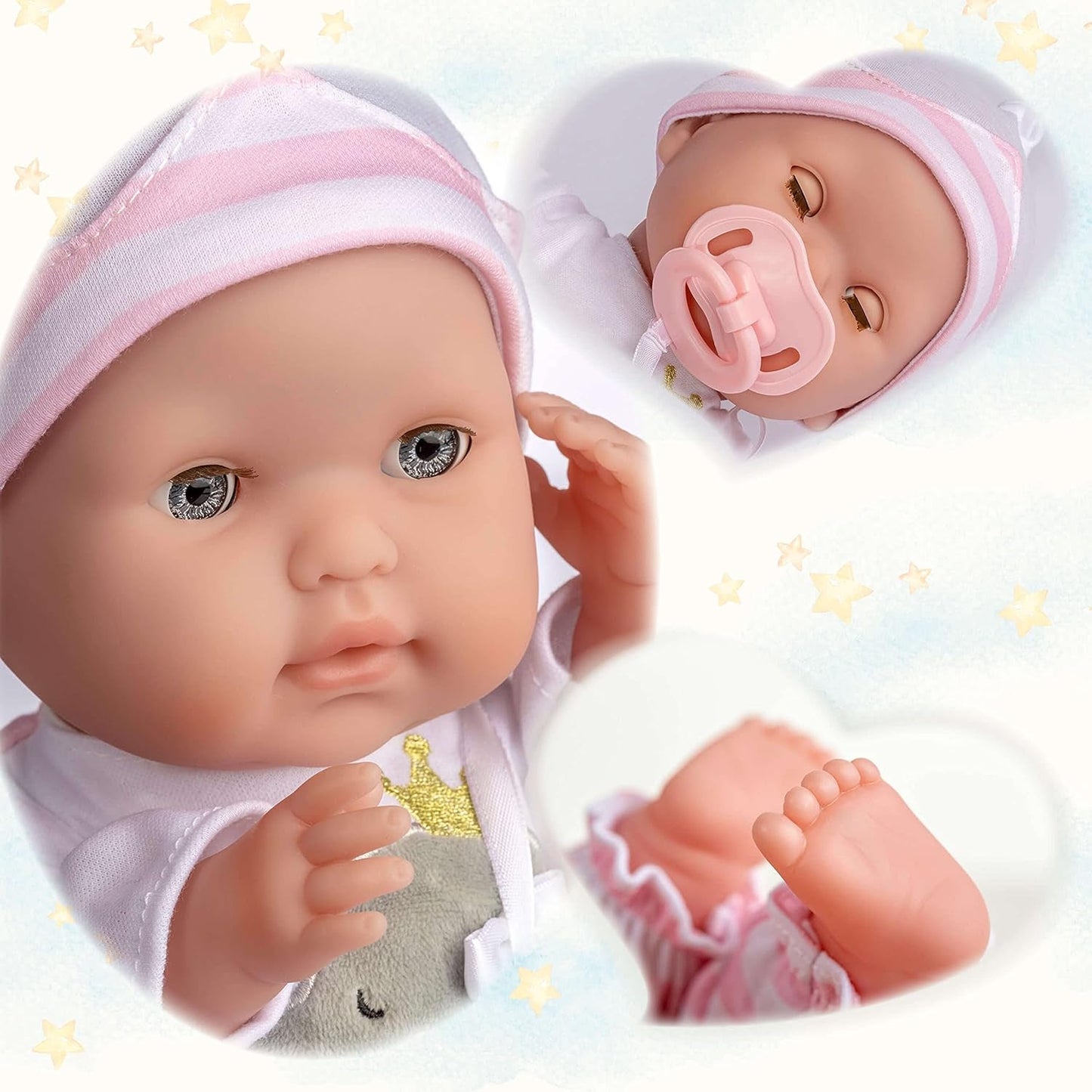 JC Toys – Berenguer Boutique 38cm měkká, realistická panenka s otevřenými/zavřenými ústy, 10dílná dárková sada, kojenecká lahvička, chrastítko, dudlík a příslušenství, růžová, věk 2+