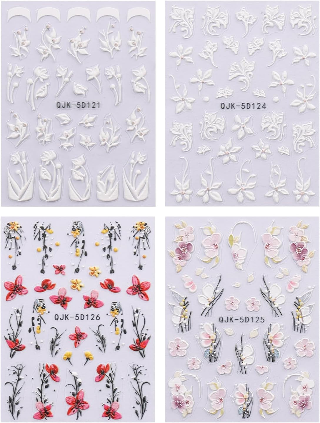 JMEOWIO 3D Nálepka na nehty Blumen Nálepka na nehty Selbstklebend Nagelaufkleber 5D Stereoskopické jarní letní dekorace Nageldesign Zubehör 4 Blatt