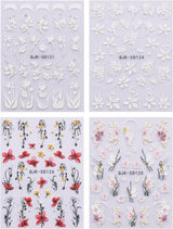 JMEOWIO 3D Nálepka na nehty Blumen Nálepka na nehty Selbstklebend Nagelaufkleber 5D Stereoskopické jarní letní dekorace Nageldesign Zubehör 4 Blatt