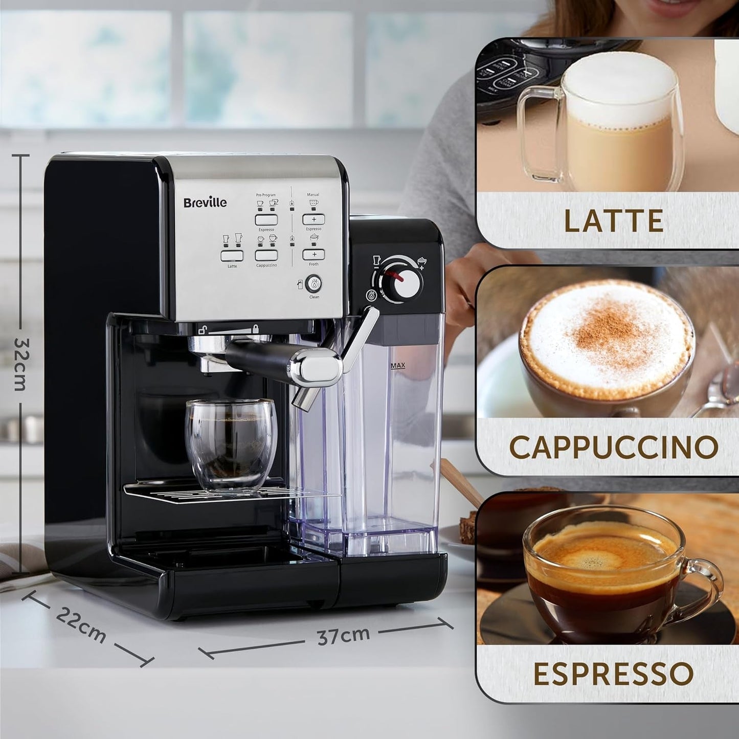 Espresso Breville Prima Latte II | Stroj na latte a cappuccino | Profesionální pumpa s 15 bary a napěňovačem mléka | Stříbro [VCF108X]