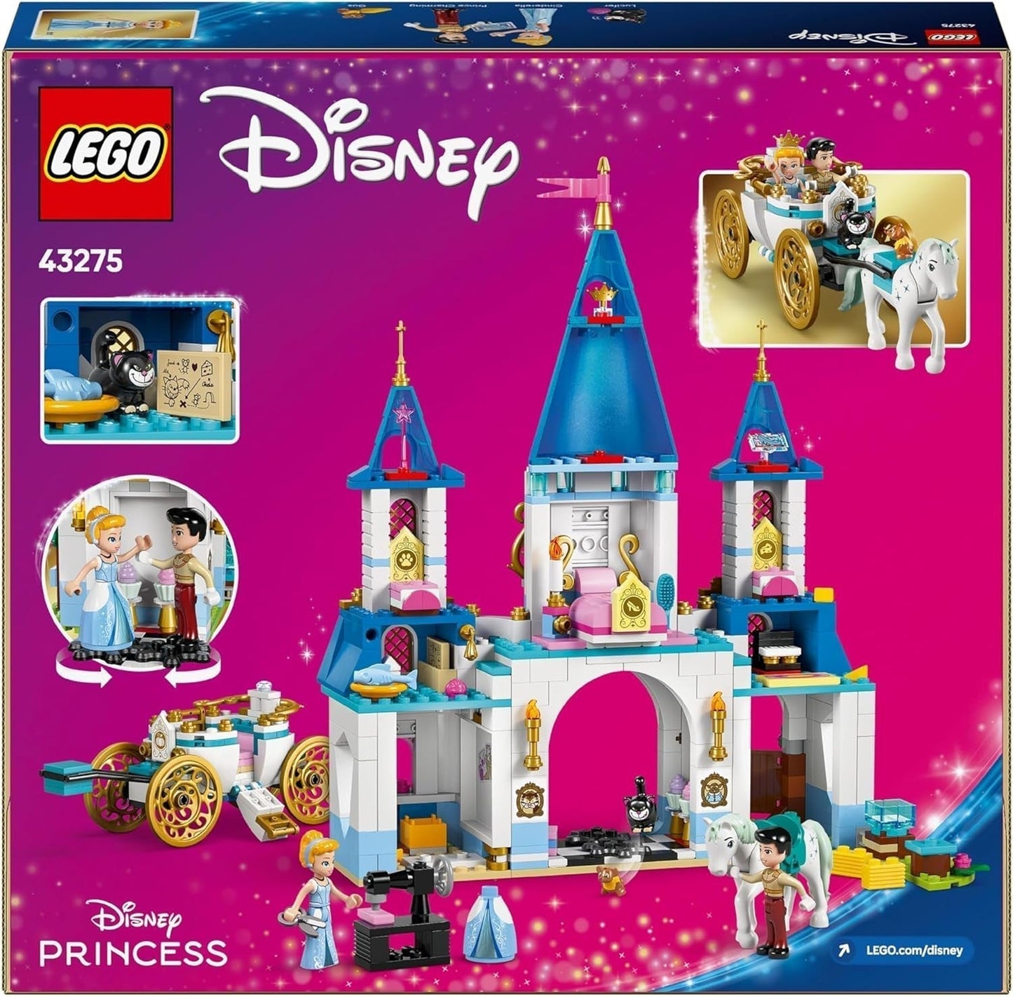LEGO Ç€ Disney Princezna Castle Popelka a kočár tažený koňmi, Sada pro dívky od 6 let, Fantastická hračka s princeznou Popelkou a princem okouzlujícími mini panenkami, Tip na dárek pro fanoušky Disney 43275 Stavebnice Beuche den LEGO-Store