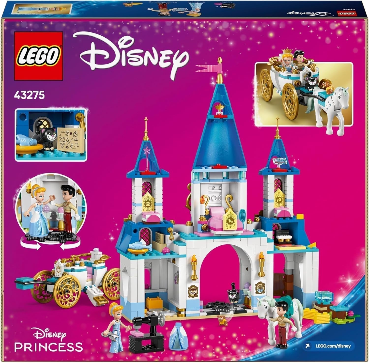 LEGO Ç€ Disney Princezna Castle Popelka a kočár tažený koňmi, Sada pro dívky od 6 let, Fantastická hračka s princeznou Popelkou a princem okouzlujícími mini panenkami, Tip na dárek pro fanoušky Disney 43275 Stavebnice Beuche den LEGO-Store