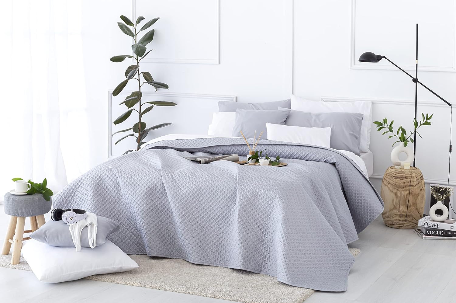 Přehoz Todocama Fine Boutique se vzorem piké, na jaro, léto, podzim a zimu, 100% super měkké mikrovlákno, multifunkční deka, 140/150/160-250 X 260 cm, světle šedá Postele a přikrývky Beuche den Todocama-Store