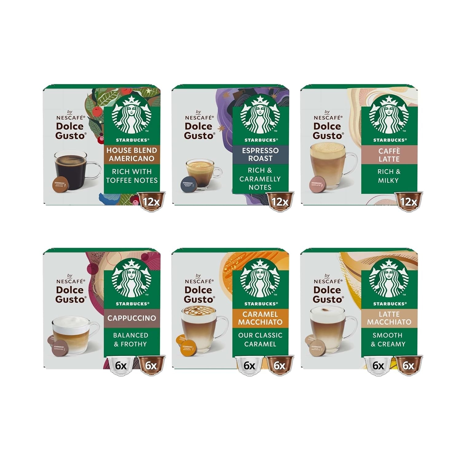 STARBUCKS Probierset, Mixed Cup Variety Pack od Nescafé Dolce Gusto Kaffeekapseln 6 x 12 (72 kapsel) – Exklusiv bei Amazon