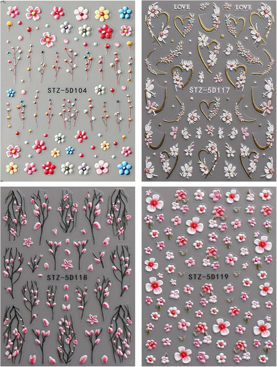 JMEOWIO 3D Nálepka na nehty Blume Nálepka na nehty Selbstklebend Nagelaufkleber 5D Stereoskopické jarní letní květinové dekorace Nageldesign Zubehör 4 Blatt