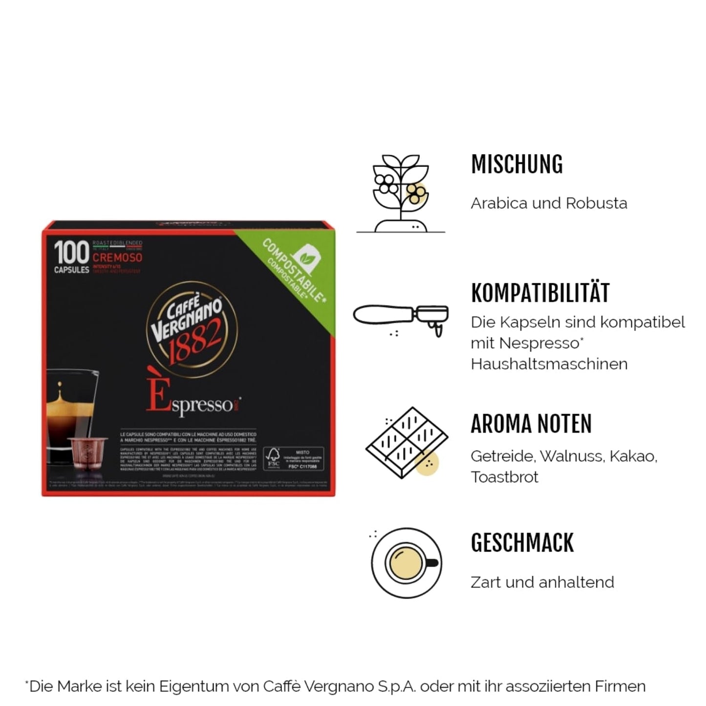 Caffè Vergnano 1882 - Èspresso kompostovatelné kaffeekapseln, kompatibilní s Nespresso, Cremoso (krémové) - Packung Enthält 100 Kapseln