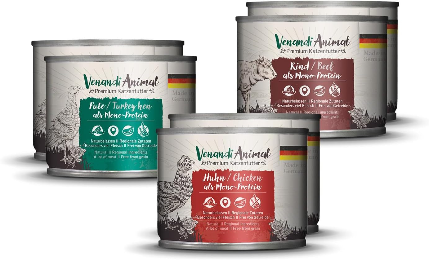 Venandi Animal - Premium Nassfutter für Katzen, Probierpakett I, Kuře, Pute, Rind, 6 x 200 g (6er Pack), getreidefrei und naturbelassen