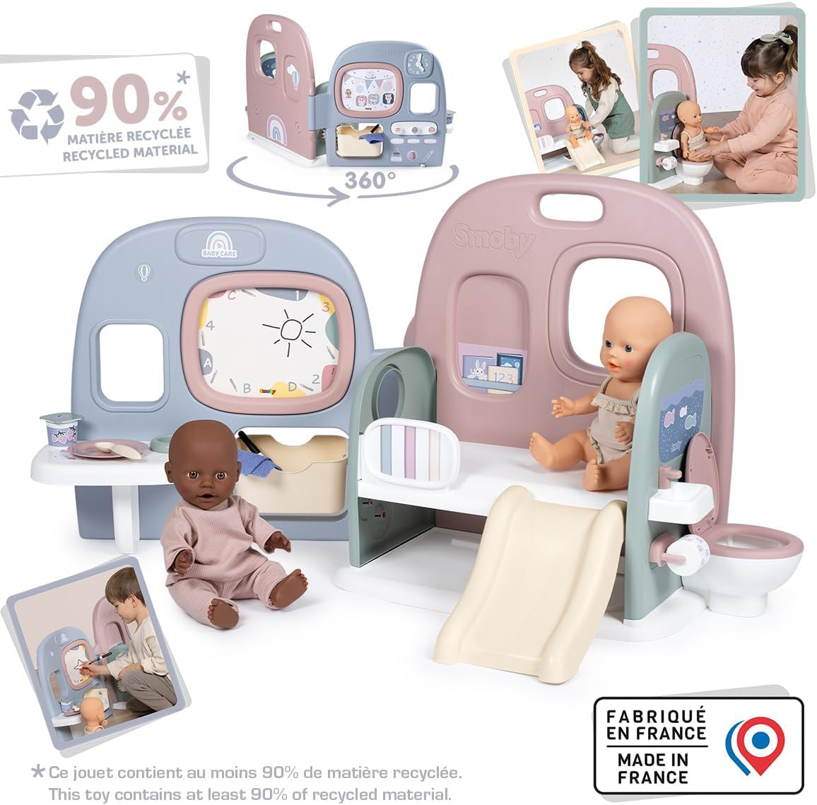 Smoby - Péče o miminko Dětská školka pro panenky - Herní centrum pro panenky Jeslička + Mateřská školka Každodenní život - Skládací hrací plocha s otáčením o 360° - 6 doplňků - Vyrobeno z 90 % z recyklovaného materiálu ve Francii, od 3 let