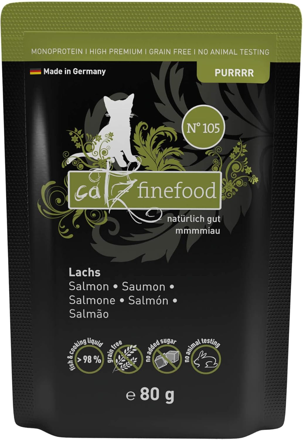 Mokré krmivo pro kočky Catz Finefood Purrrr s monoproteinem a lososem č. 105, pro kočky s citlivým zažíváním, 16 x 80 g