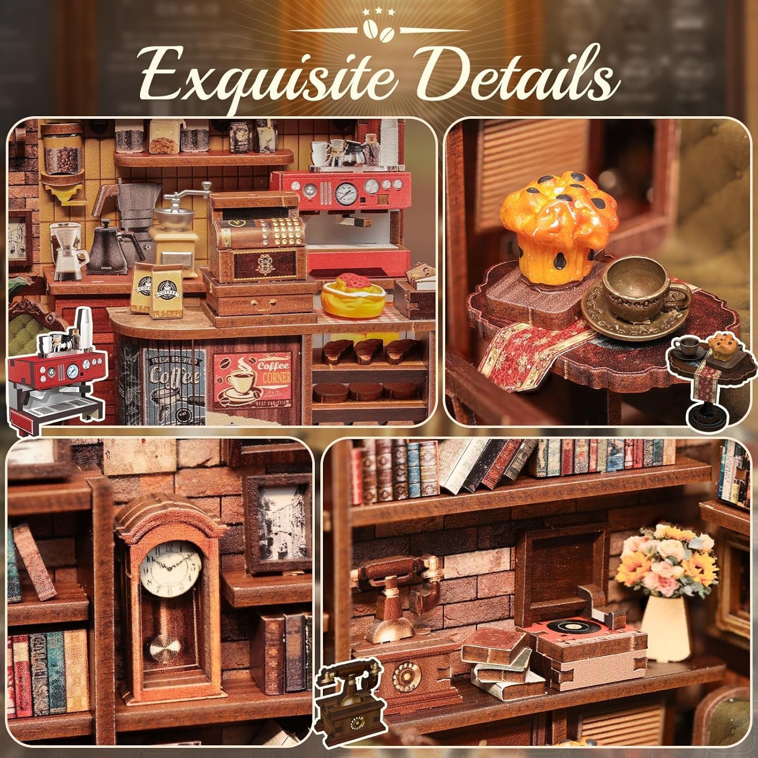 CUTEBEE Book Corner Kit – DIY domečky pro panenky, LED svítící sada miniaturního domečku pro dospělé, 3D dřevěné puzzle a stojan na knihy – dekorace a dárek do police (rohová kavárna)