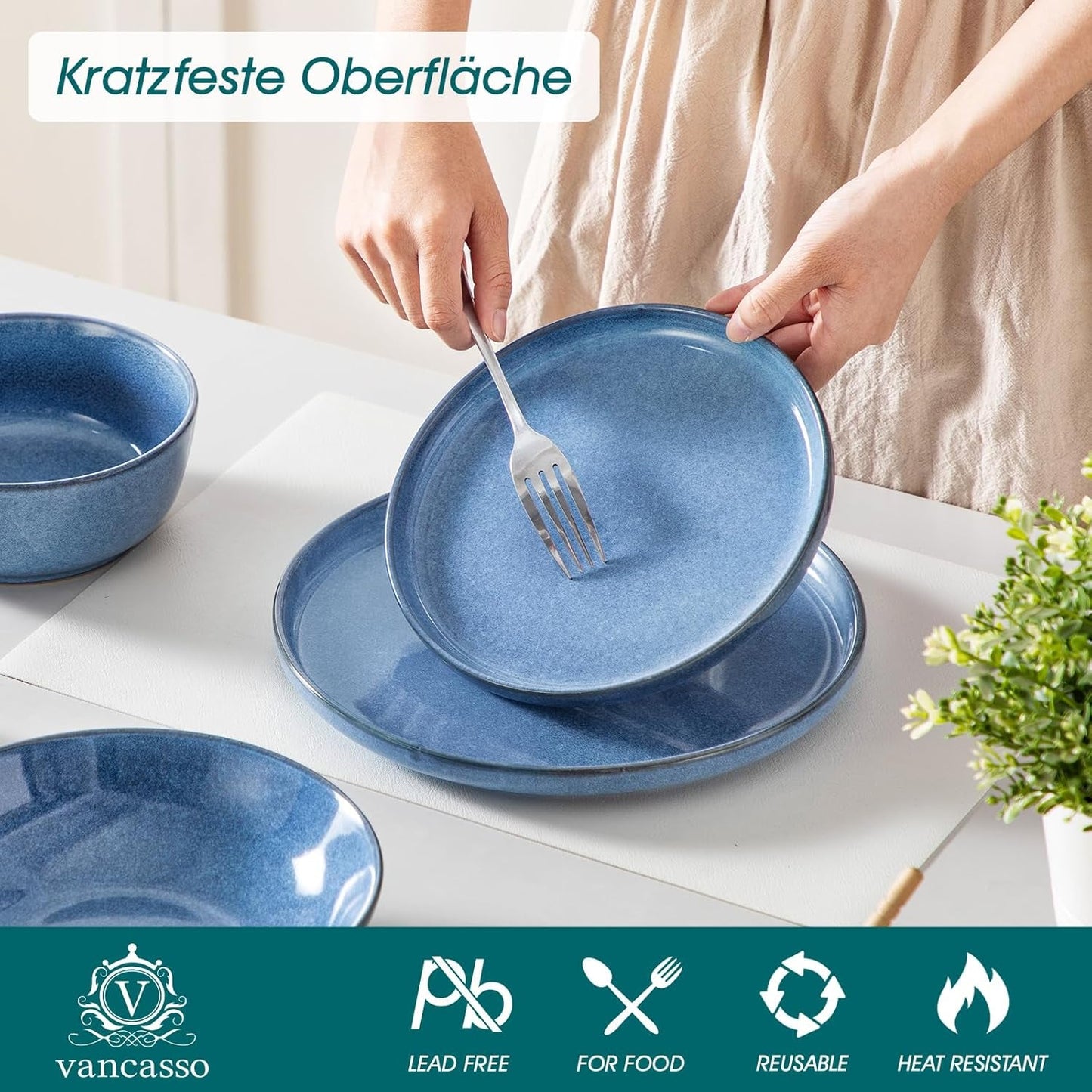 Steingut Geschirrset 6 Personen, vancasso ANYA Blau Teller Set Moderní 24 teilig, Tafelservice mit Speiseteller, Suppenteller, Desserttellern, Schüsseln, Geschirr Set Spülmaschinen und Mikrowellenfest