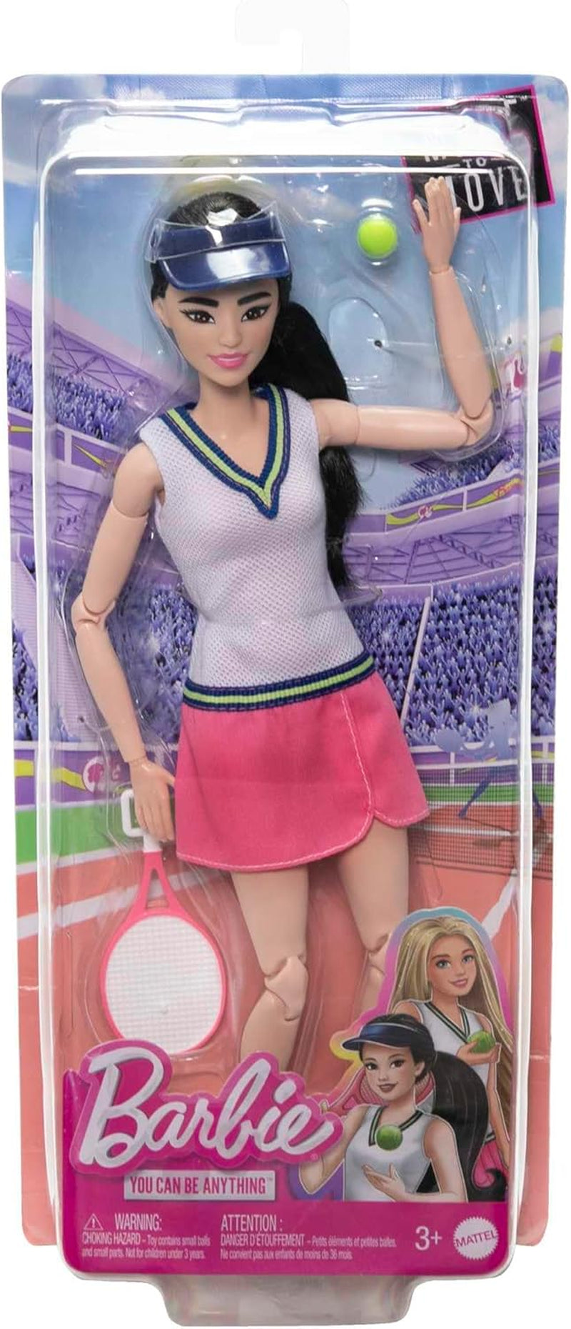 Panenka Barbie Made to Move – Tenistka s raketou a míčkem – Panenka s 22 klouby pro realistické hraní, tenisové fanoušky a děti od 3 let, HKT73