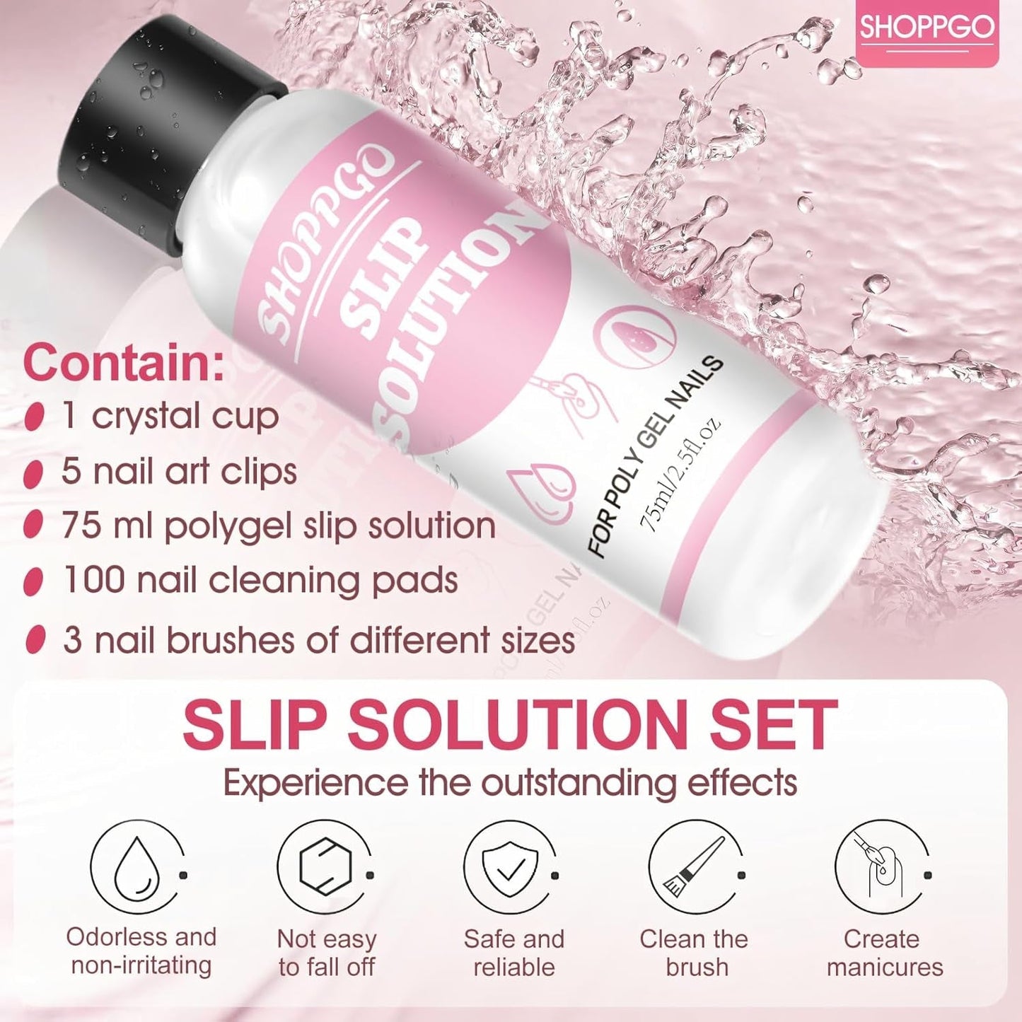 Polygelový roztok na rovnání nehtů, sada na nehty Polygel Slip Solution, roztok na rovnání nehtů 75 ml, obsahuje 5 klipů na nehty, 3 kartáčky na nehty, 1 křišťálový kelímek, 100 čisticích listů
