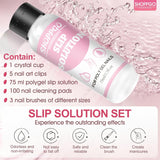Polygelový roztok na rovnání nehtů, sada na nehty Polygel Slip Solution, roztok na rovnání nehtů 75 ml, obsahuje 5 klipů na nehty, 3 kartáčky na nehty, 1 křišťálový kelímek, 100 čisticích listů