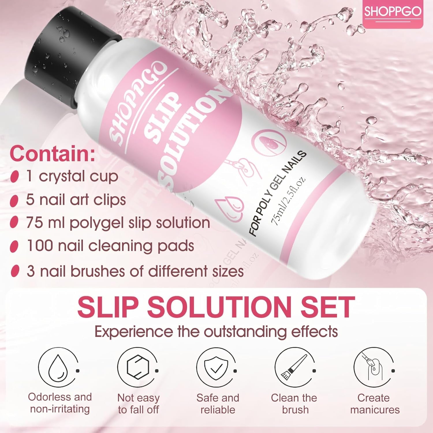 Polygelový roztok na rovnání nehtů, sada na nehty Polygel Slip Solution, roztok na rovnání nehtů 75 ml, obsahuje 5 klipů na nehty, 3 kartáčky na nehty, 1 křišťálový kelímek, 100 čisticích listů