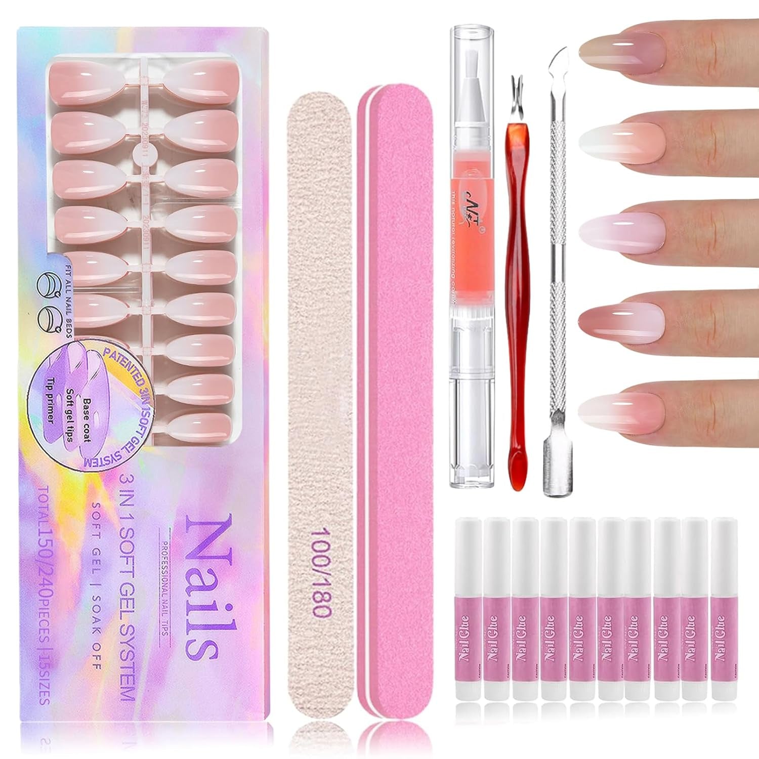 Sada 150 ks Gradient False Nails - 5 barev Ombre Design Samolepící umělé nehty - Celý kryt pro ženy a dívky - Lesklé umělé nehty pro DIY manikúru (čtvercové)