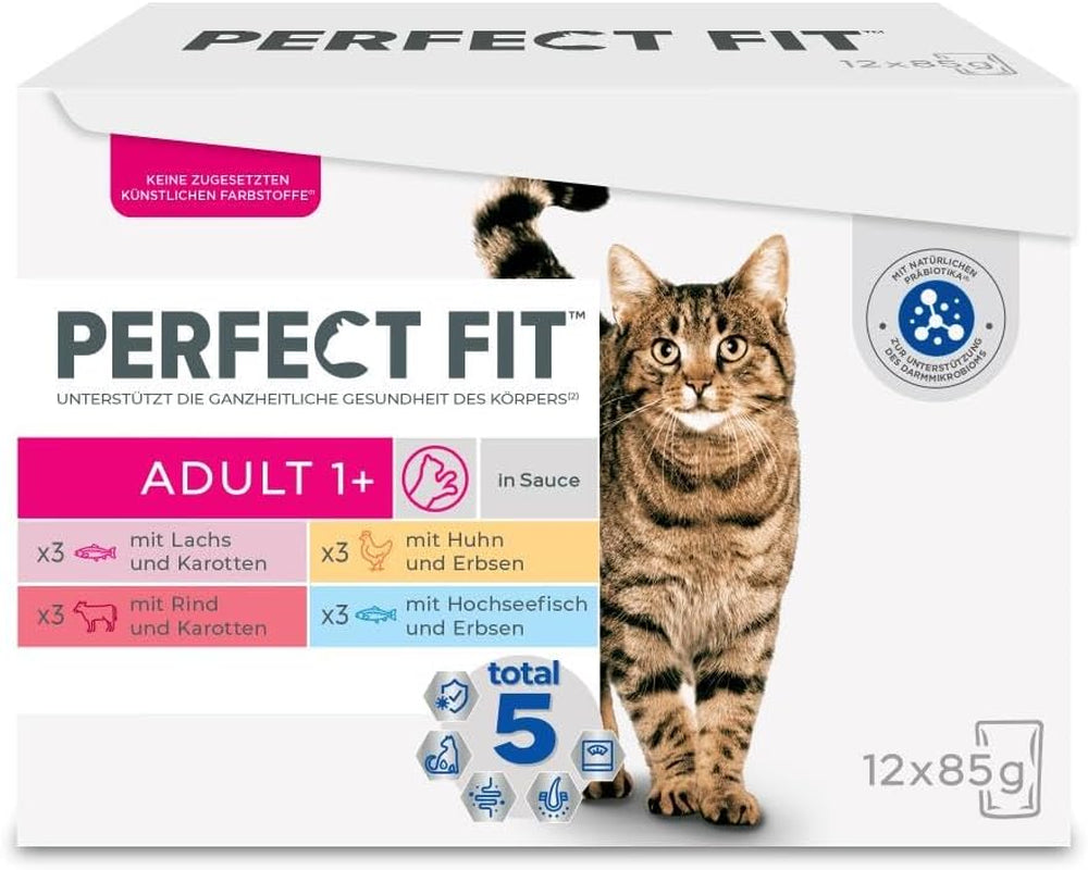 Perfect Fit Adult 1+ výběr mokrého krmiva s lososem, hlubinnými rybami, hovězím a kuřecím masem, 48 sáčků, 12x85g (balení po 4 ks) - Prémiové vlhké krmivo pro dospělé kočky od 1 roku věku