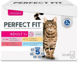 Perfect Fit Adult 1+ výběr mokrého krmiva s lososem, hlubinnými rybami, hovězím a kuřecím masem, 48 sáčků, 12x85g (balení po 4 ks) - Prémiové vlhké krmivo pro dospělé kočky od 1 roku věku
