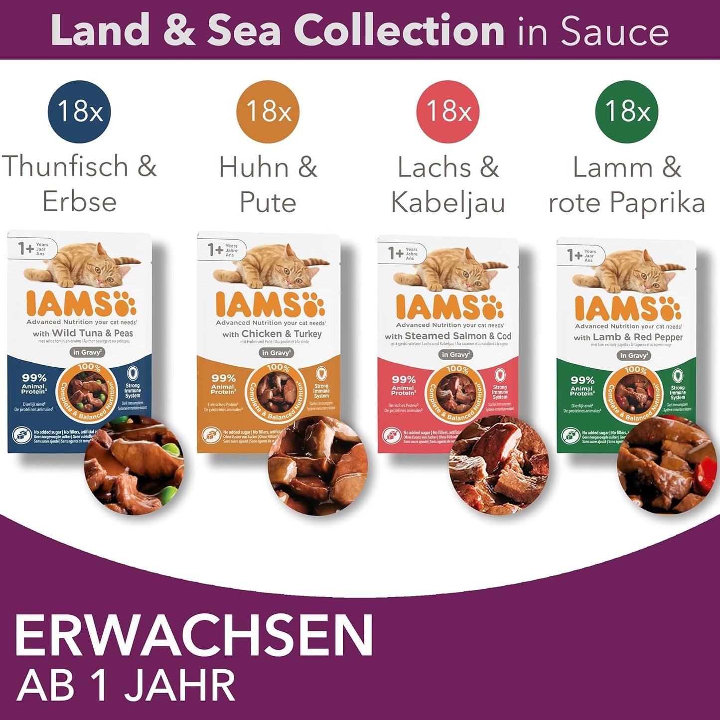 IAMS Delights Land & Sea Collection Mokré krmivo pro kočky - Sortiment masa a ryb Multipack v omáčce, mokré krmivo pro kočky od 1 roku, 72 x 85 g