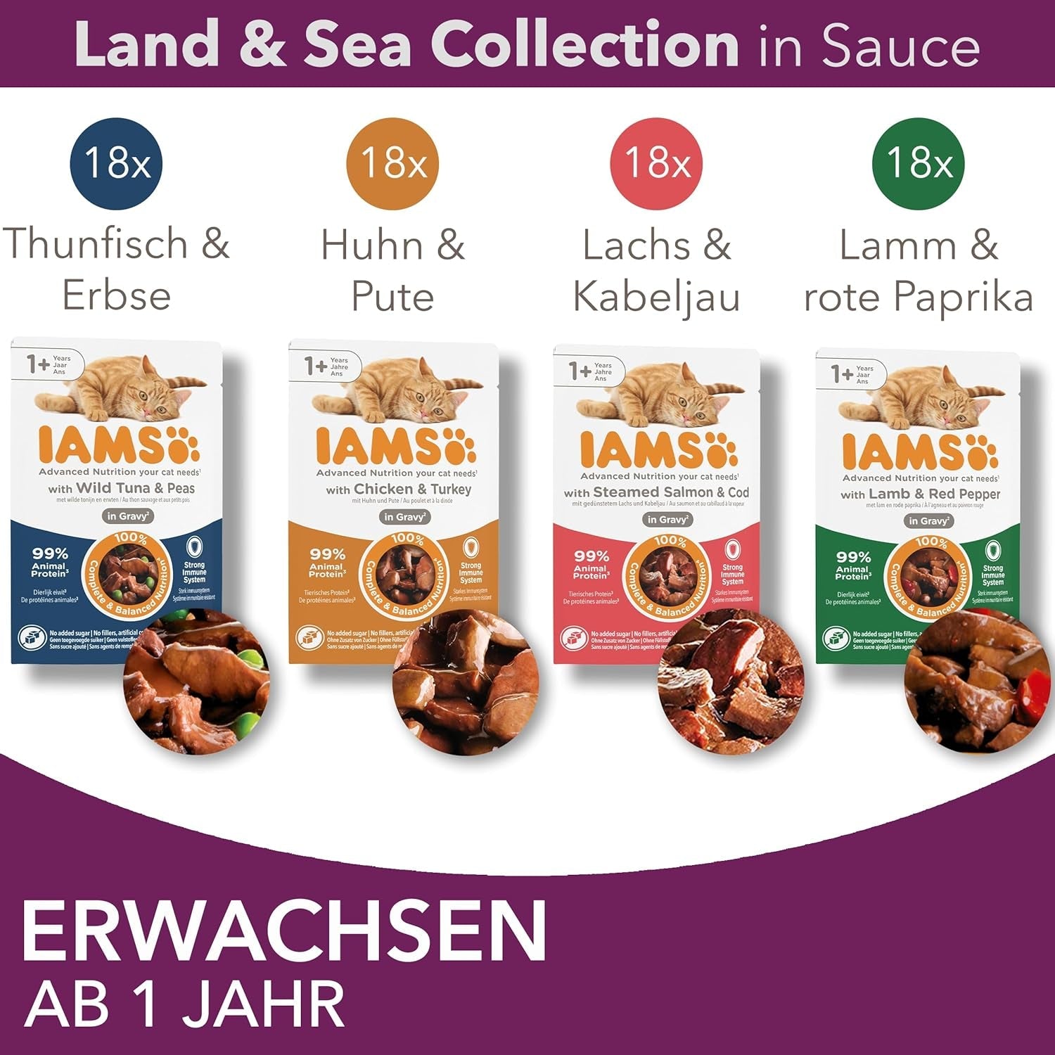 IAMS Delights Land & Sea Collection Mokré krmivo pro kočky - Sortiment masa a ryb Multipack v omáčce, mokré krmivo pro kočky od 1 roku, 72 x 85 g