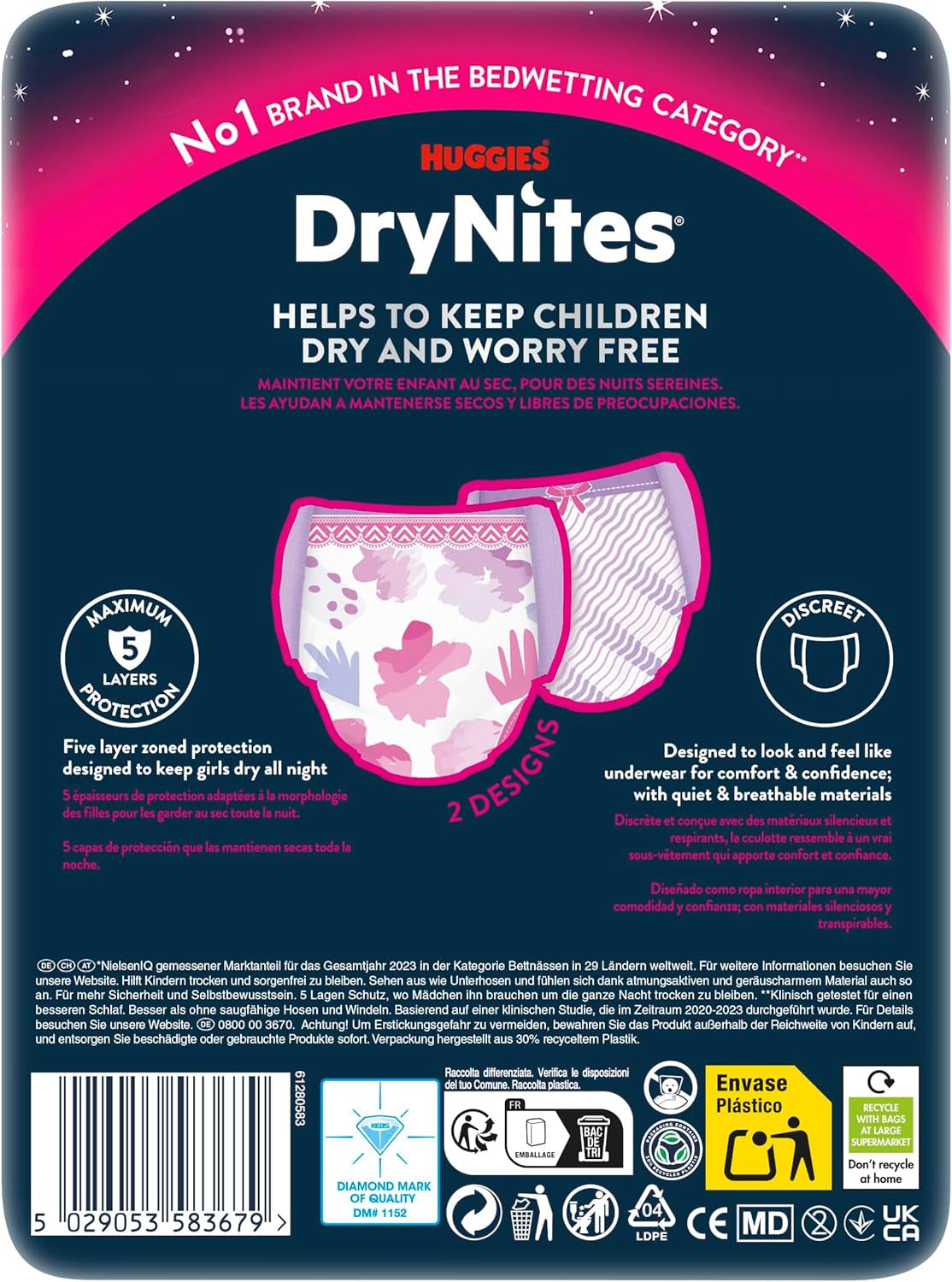 Noční noční pomočování Huggies DryNites pro dívky 13-cca 17 let (48-60kg) Počet 27 (3x9) měsíční balení kalhotkových plen