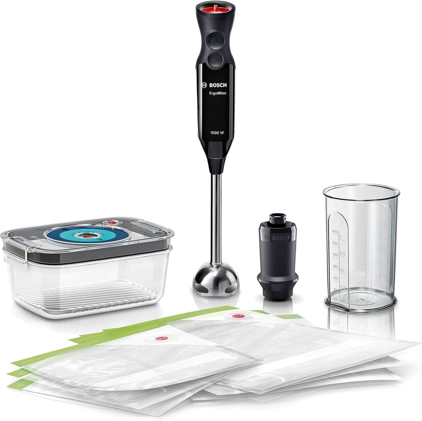 Bosch Stabmixer Ergomixx MS6CB61V1, Vakuum-Funktion, Edelstahl-Mixfuß, Mix- Und Messbecher, Vakuum-Pumpe, Vakuum-Beutel, Vakuum-Frischhaltedose, 12 Stufen plus Turbo, 1000 W, Schwarzty Shoprazit