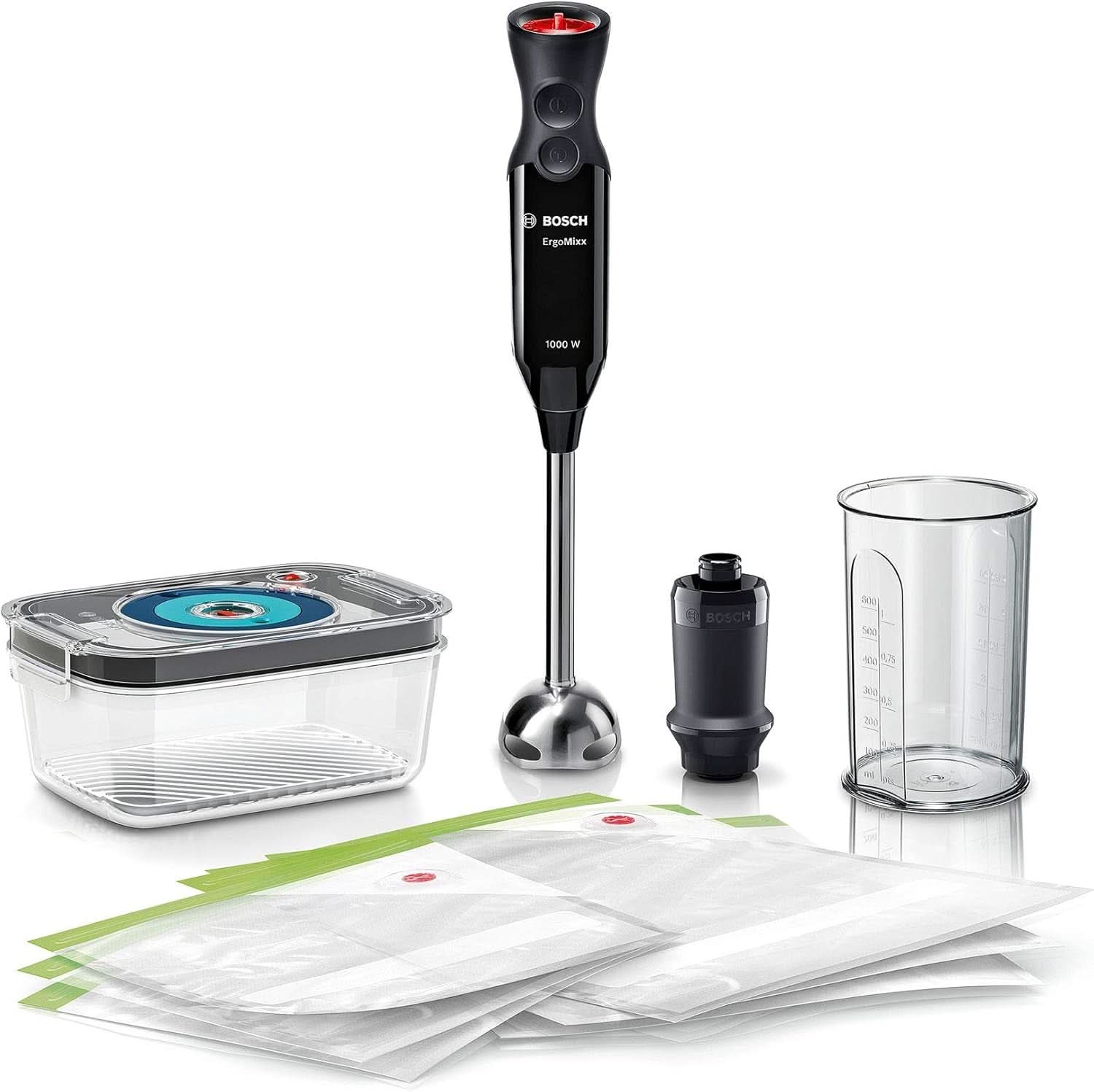 Bosch Stabmixer Ergomixx MS6CB61V1, Vakuum-Funktion, Edelstahl-Mixfuß, Mix- Und Messbecher, Vakuum-Pumpe, Vakuum-Beutel, Vakuum-Frischhaltedose, 12 Stufen plus Turbo, 1000 W, Schwarzty Shoprazit