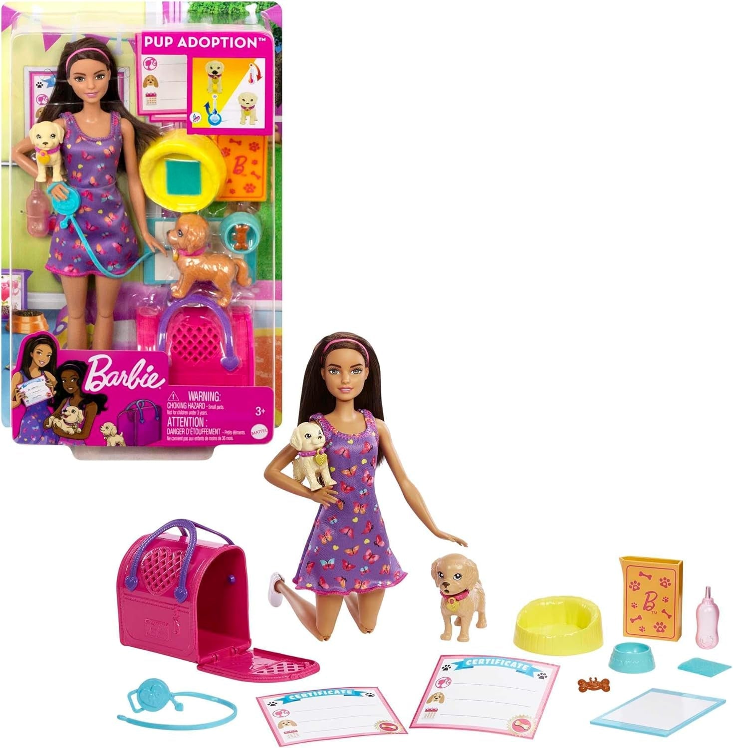 Adopční štěně Barbie - panenka a 2 štěňata, s adopčními certifikáty, efektem změny barvy, klecí a doplňky, pro děti od 3 let, 86 HKD