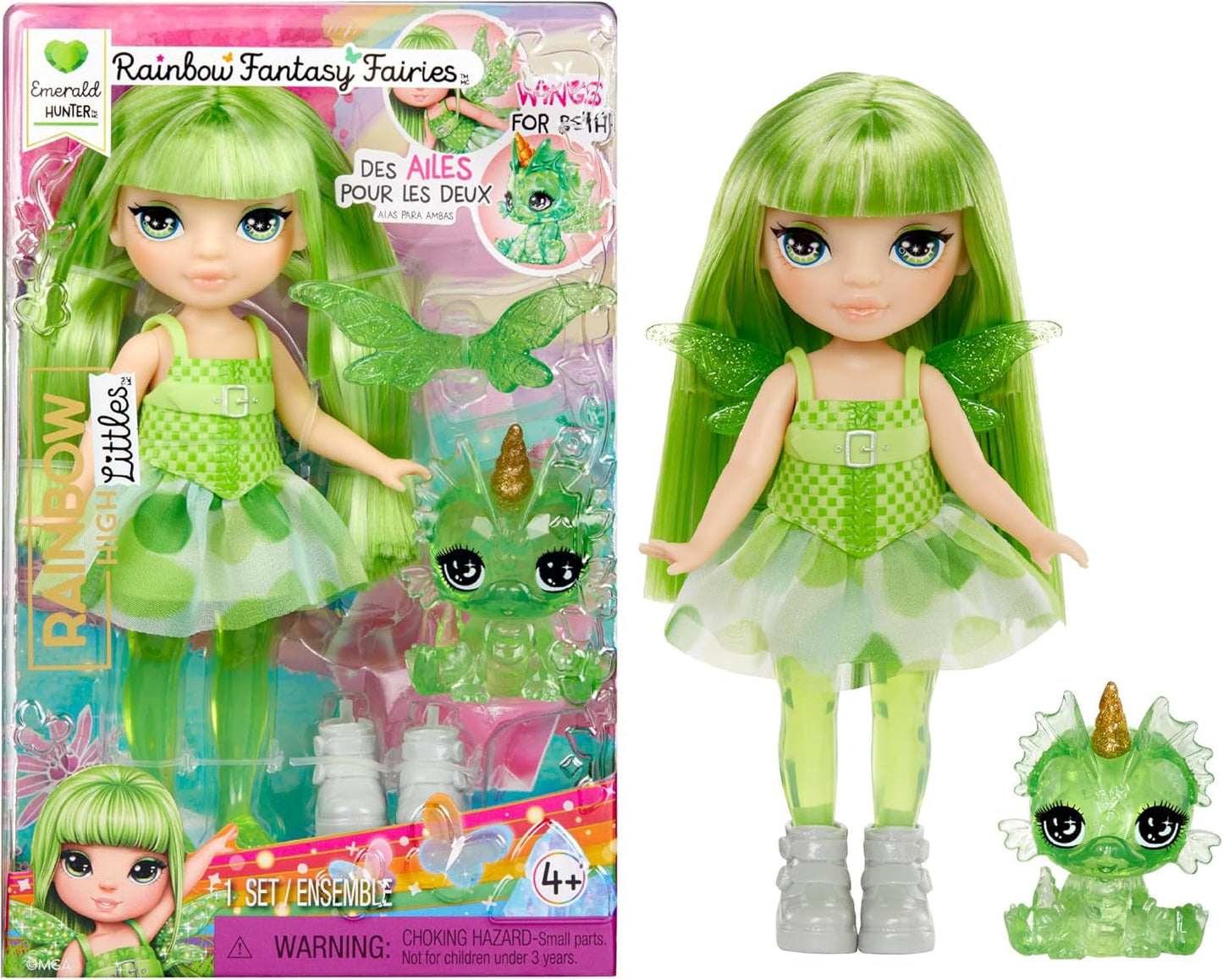 Rainbow High Littles Rainbow Fantasy víla a mazlíček - smaragdová, zelená - 14 cm kloubová malá fantasy dračí panenka s vyměnitelnými křídly víly, sladký dárek pro děti od 4 let