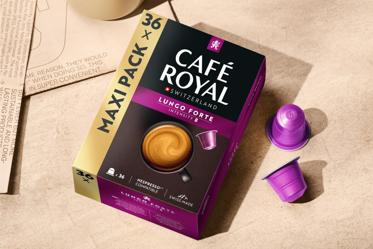 Café Royal Lungo Forte – kávové kapsle kompatibilní s Nespresso®, 100% Arabica, würzig, dunkle Röstung, Intensität 8/12, Rainforest Alliance, 36 kapslí