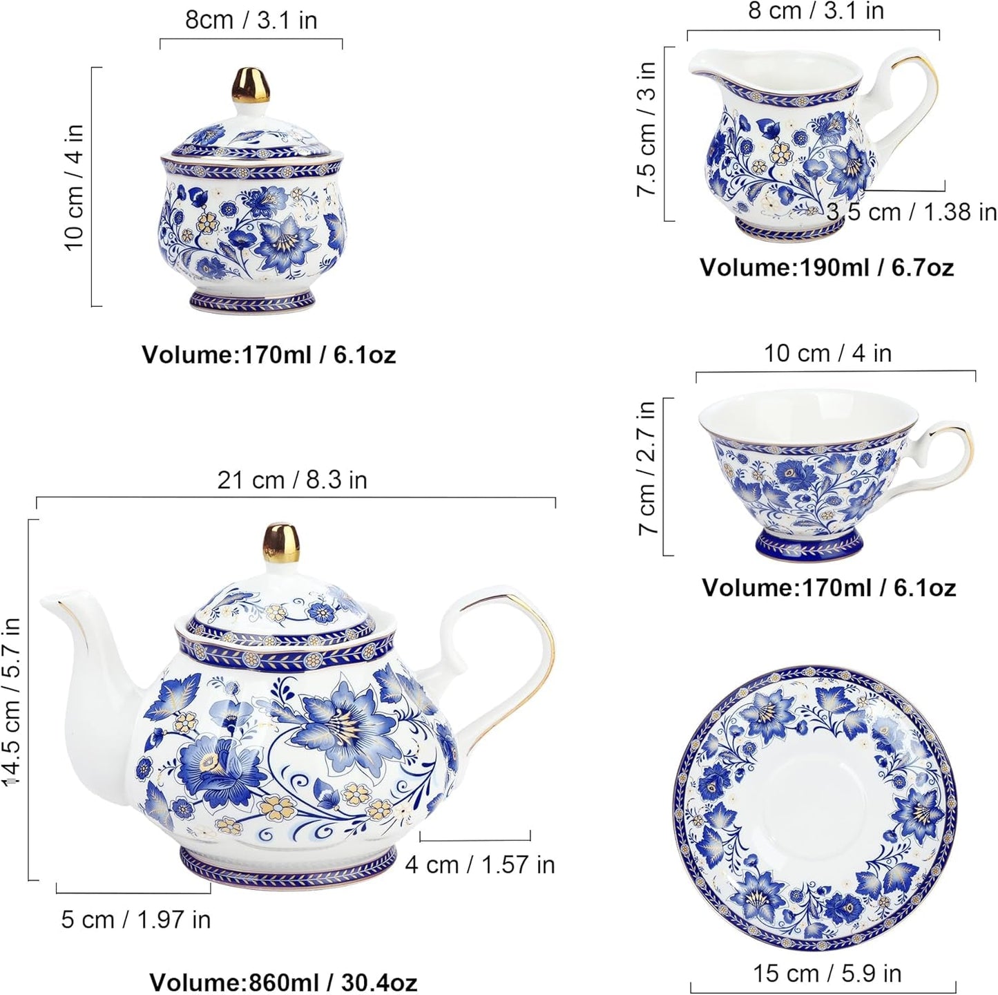 Porcelánová čajová souprava Fanquare Modrý květ s kovovým stojanem Vintage porcelánový šálek na kávu a podšálek Anglická kávová souprava pro dospělé
