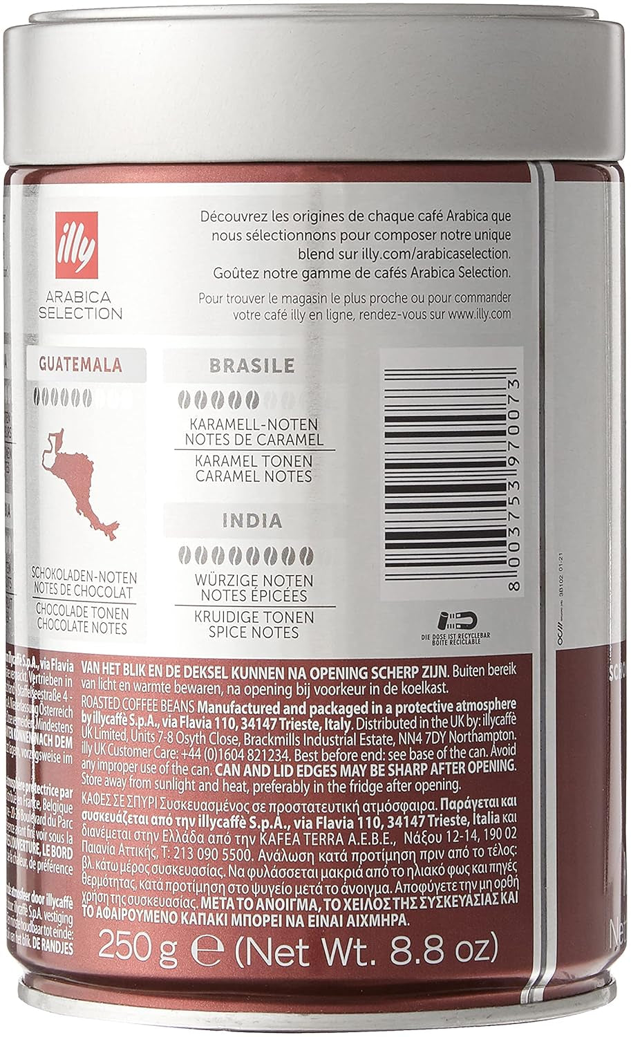 Kávová zrna illy, výběr zrn kávy Arabica, Guatemala, balení 6 ks (6 x 250g)
