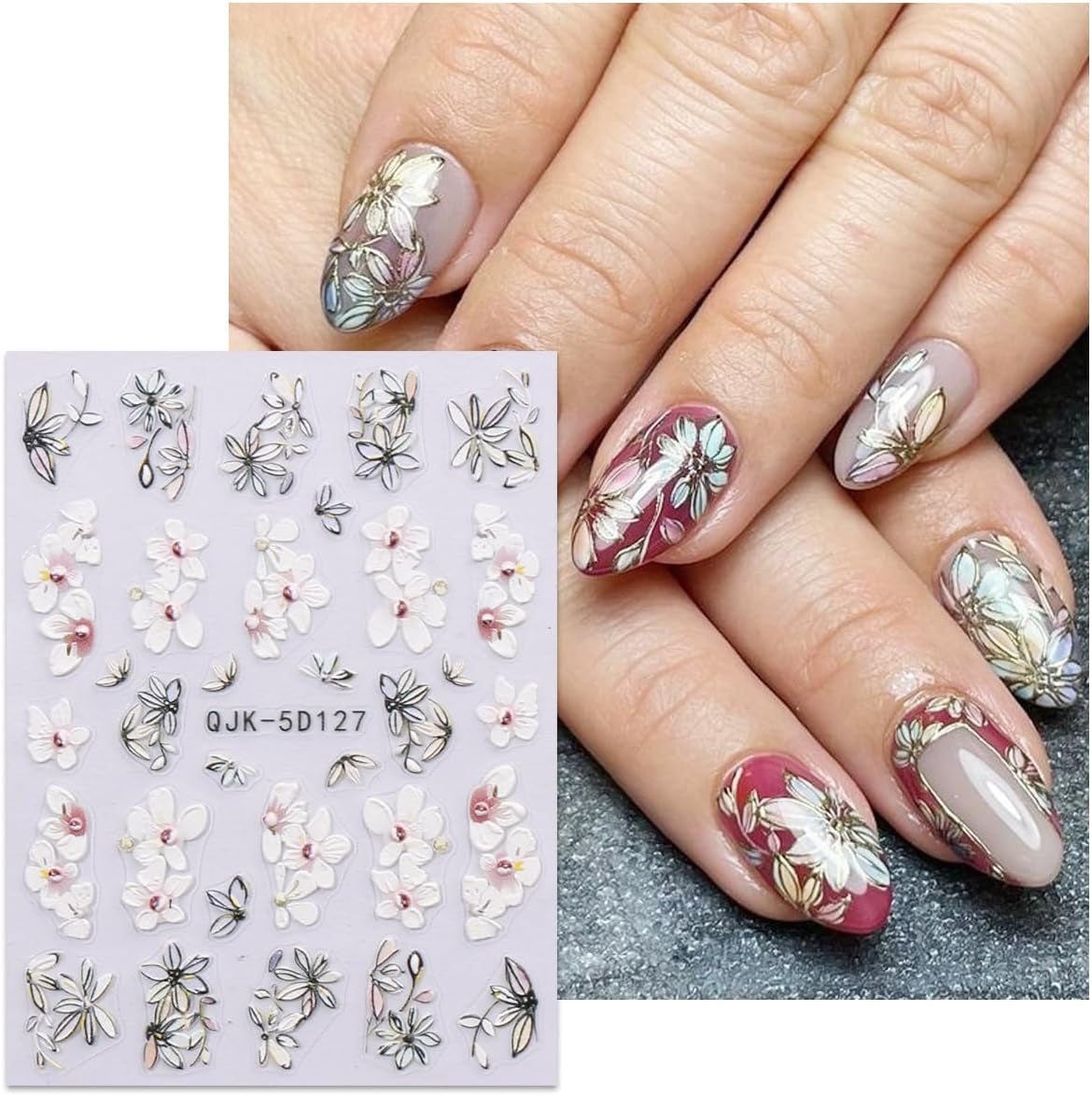 JMEOWIO 3D Nálepka na nehty Blumen Nálepka na nehty Selbstklebend Nagelaufkleber 5D Stereoskopické jarní letní dekorace Nageldesign Zubehör 4 Blatt