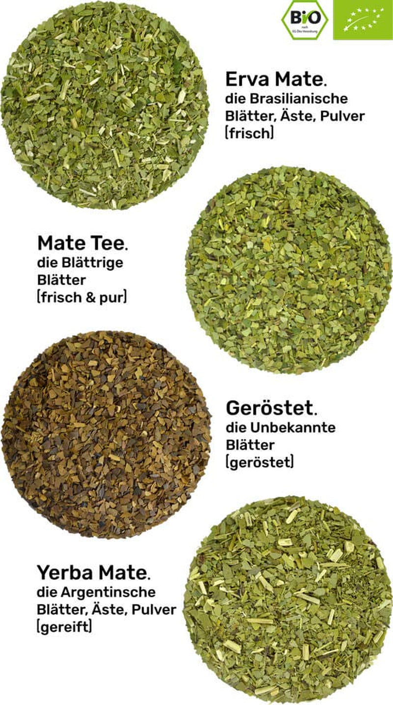 Degustační sada čaje maté ● 4 druhy organického čaje maté ● 100 g Erva maté + Yerba maté + zelený čaj maté + pečený čaj maté