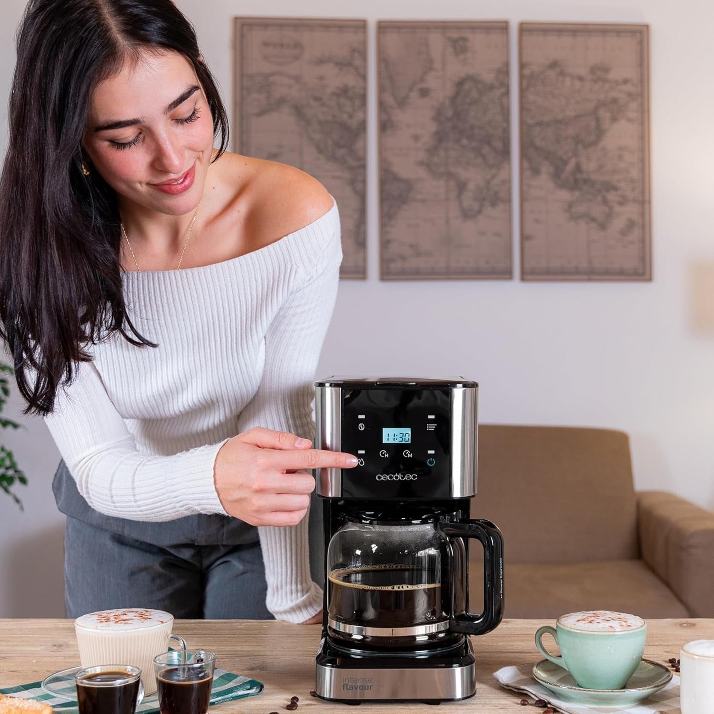 Espresso s filtrem Cecotec Coffee 66 Drop and Touch, výkon 950 W, 1,5 l, 12 šálků, dotykový displej, skleněná karafa, 24hodinový časovač, 6 spínačů, opakovaně použitelný síťový filtr