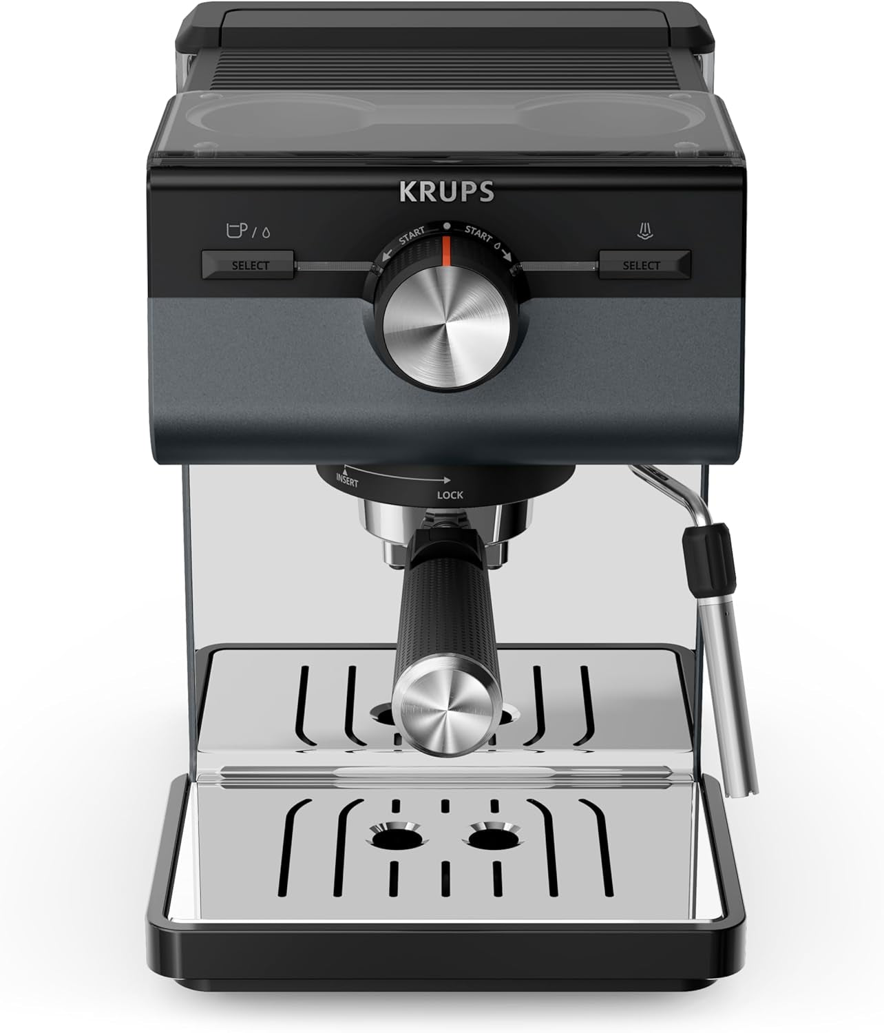 Espresso KRUPS Authentic+, 15 bar, intuitivní ovládání, propracovaný design, parní tryska, včetně rozšířeného příslušenství, Bullet Dark silver/Stainless steel, XP384G10