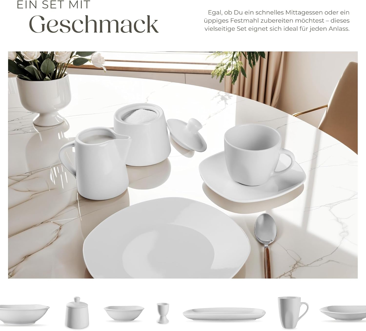 tectake® Sada nádobí pro 12 osob, 100dílná sada porcelánového nádobí, včetně 12 talířů, 12 dezertních talířů, 12 talířů na večeři, 12 šálků, 12 misek na cereálie, misky na salát, džbán na mléko, cukřenka