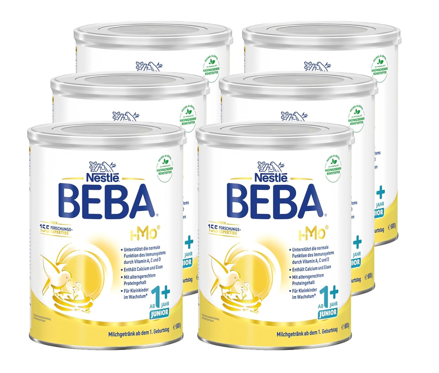 BEBA Junior 1+ mléčný nápoj od 1 roku, S HMO, Obsah bílkovin odpovídající věku, Pouze laktóza, Bez palmového oleje, Bez rybího tuku, Výživa pro batolata, Sušené dětské mléko, Balení 6 ks (6 x 800 g)