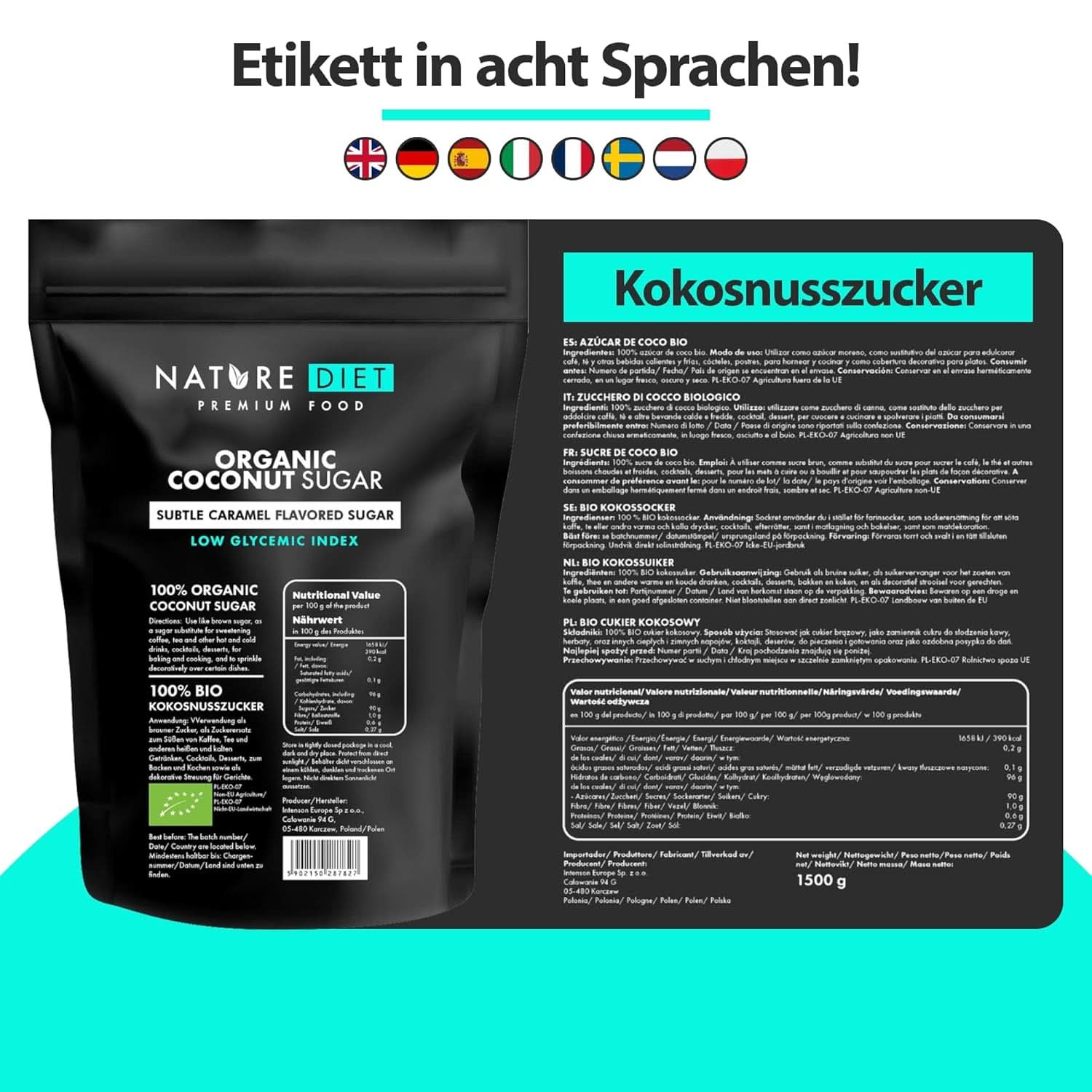 Bio kokosový cukr, karamelová příchuť, 1,5 Kg sladidla Naty Shop