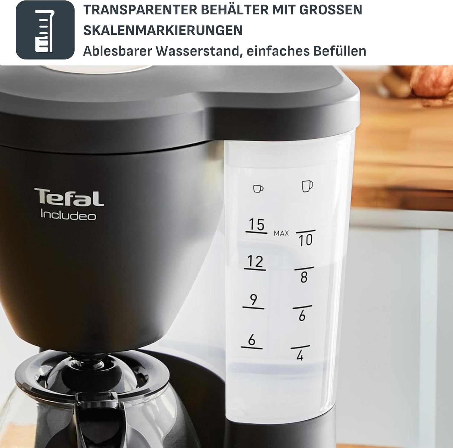 Espresso kávovar Tefal Includeo Filter, Espresso extrémně snadné použití, Vhodné pro praváky i leváky, Automatické otevírání víka, 1,25 l, 10 až 15 šálků, CM533811
