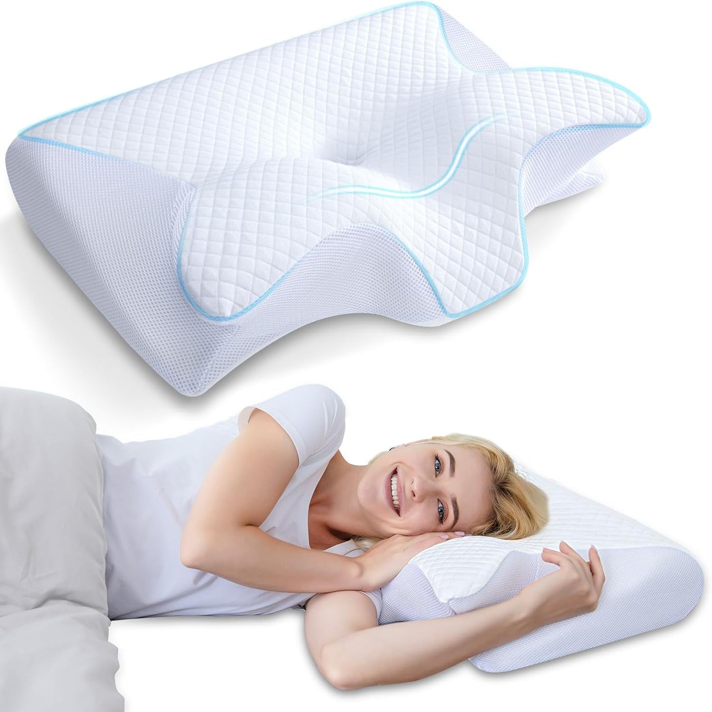 HOMCA Polštář na krk Ortopedický polštář 2 v 1 Polštář z paměťové pěny Polštář na podporu krku Ergonomický polštář na hlavu pro bolesti zad, boku a břicha, 60 X 13/11 X 40 cm Krční ortopedické polštáře Naty Shop White