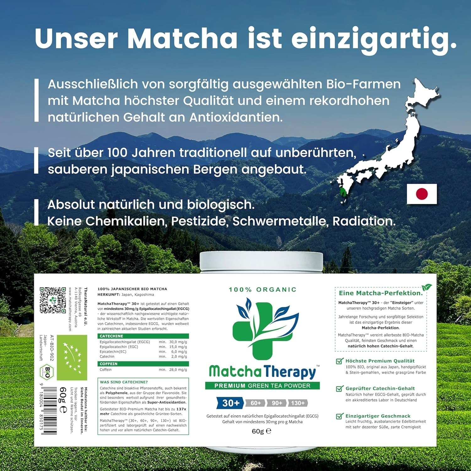 Matcha terapie 30+ | Organický prášek Matcha Tea | 60 g | S ověřeným obsahem minimálně 30 mg/g katechinu EGCG | Podporuje imunitní systém a energetickou hladinu | Slavnostní kvalita | Zelený čaj z Japonska