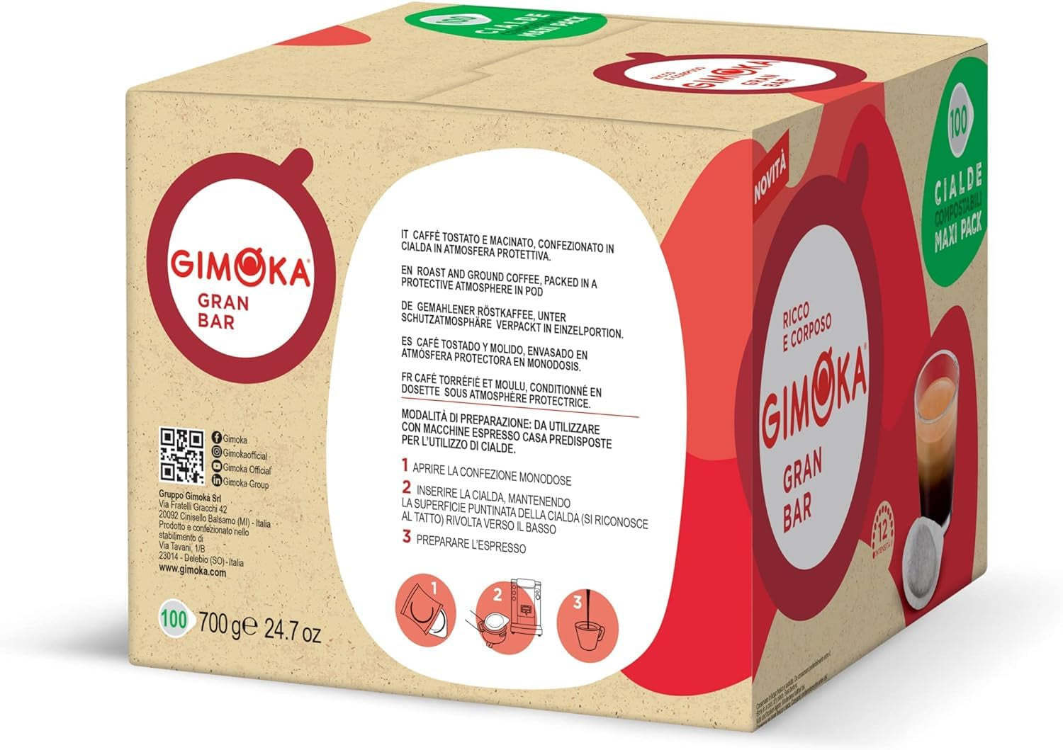 Gimoka Kompostierbare Kaffeepads, Gran Bar Intenso Kaffeemischung, Intensität 12-100 Pads – kompatibilní s ESE System Papier Pads 44 mm