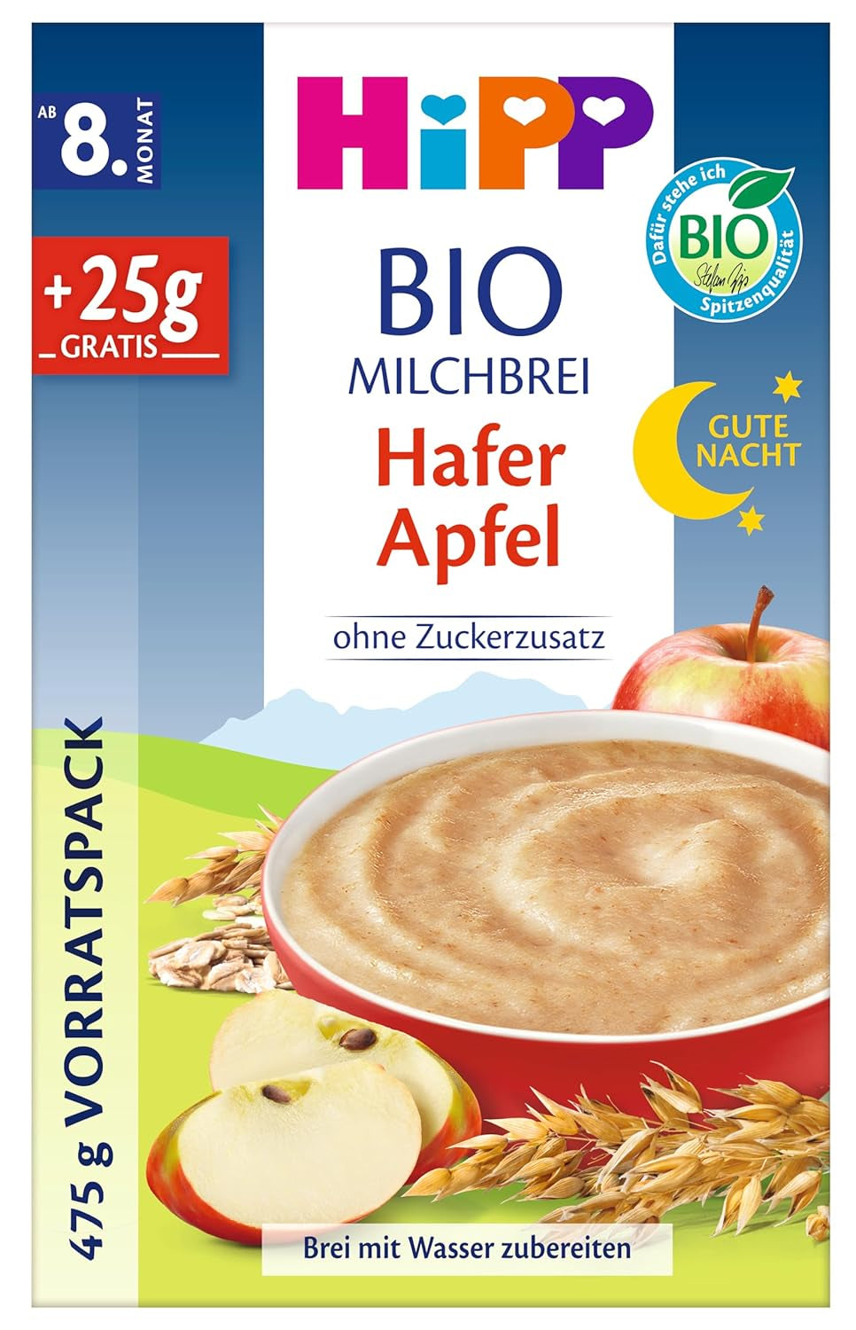 HiPP Ovesná kaše na dobrou noc s jablky a bio ovesným mlékem (4 x 475 g), od 8 měsíců, bez přidaného cukru, s bio celozrnnými výrobky a bio ovocem, v nejlepší bio kvalitě