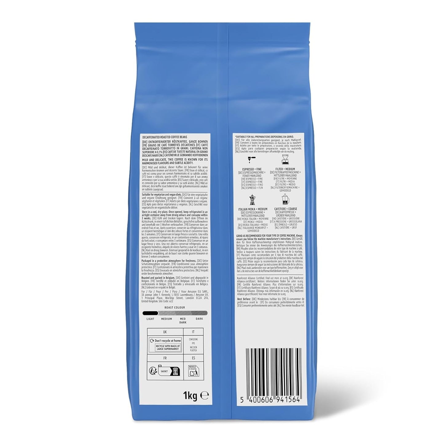 od Amazon Kaffeebohnen, entkoffeiniert, Lichte Röstung, 2 kg (2 Packungen mit 1 kg), Rainforest Alliance zertifiziert