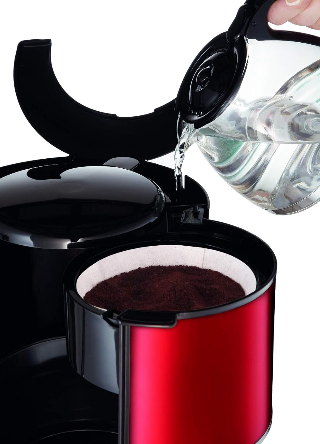 Espresso Subito s filtrem, skleněná karafa, 10-15 šálků, objem 1,25 l, automatické vypínání, vyjímatelný filtr, indikátor hladiny vody, nerezová ocel, červená/černá, FG360D