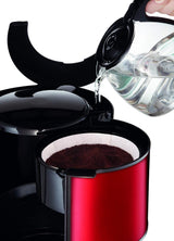 Espresso Subito s filtrem, skleněná karafa, 10-15 šálků, objem 1,25 l, automatické vypínání, vyjímatelný filtr, indikátor hladiny vody, nerezová ocel, červená/černá, FG360D