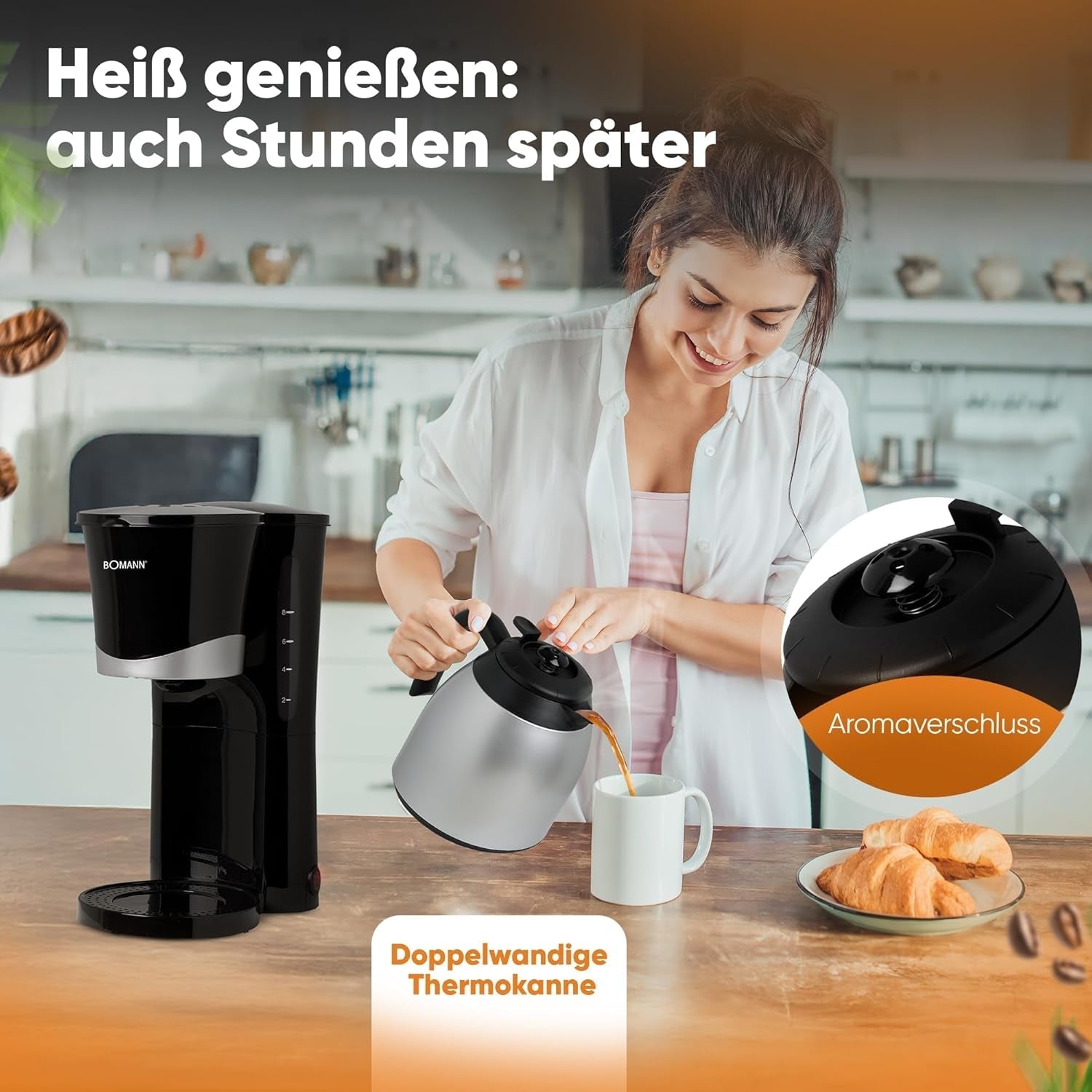 Kávovar Bomann® s termoskou | na 8-10 šálků kávy | bez teplotních ztrát | kávovar s filtrem | 1 litr | Espresso | Filtrační kávovar s termoskou | KA 168 černá